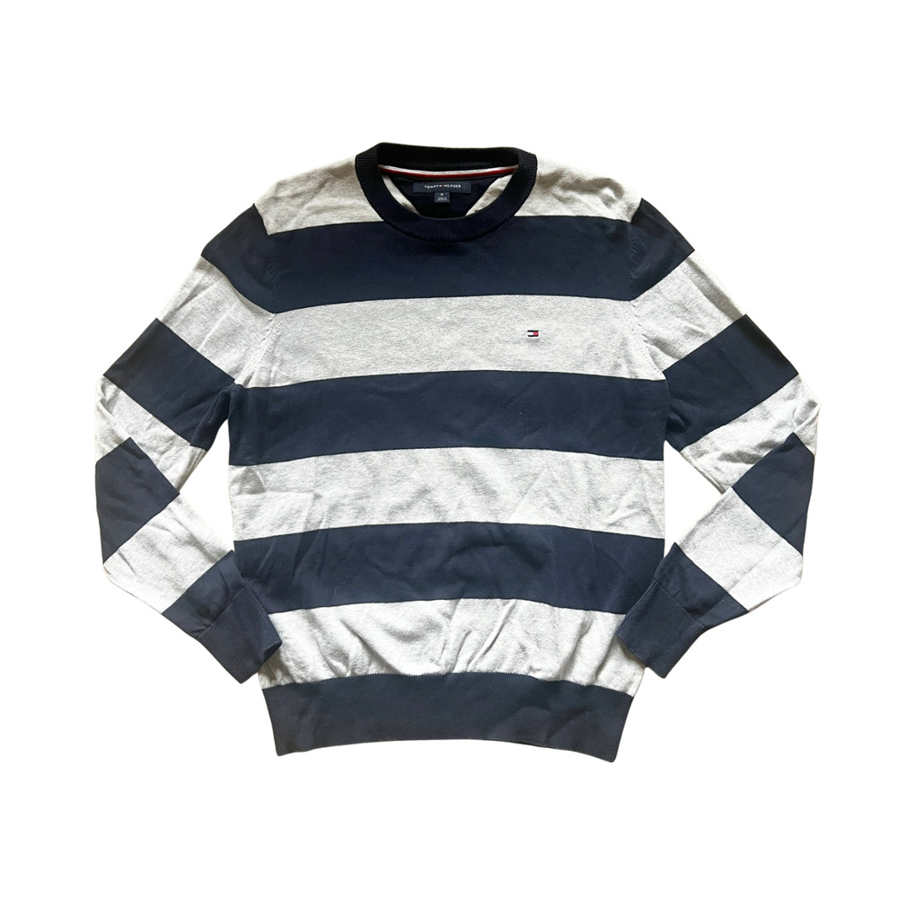 Tommy Hilfiger Striped Womens Sweater M Gray Nautical Coastal Classic Minimalist